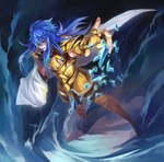  Score: 18 Tags: aquarius camus,armor,blue eyes,blue hair,cape,crystal,debris,fingerless gloves,kimaku (artist),long hair,male,saint seiya,single,standing,wind