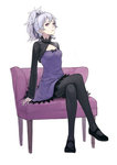  Tags: couch,crossed legs,darker than black,dress,fkey (artist),girl,hair ribbon,long hair,looking at viewer,pantyhose,pink eyes,ponytail,ribbon (ribbons),silver hair,simple background,single,sitting,tall image,white,yin