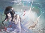 Score: 60 Tags: black hair,breasts,bubble (bubbles),coral,eyes closed,fish,girl,hair ribbon,lips,long hair,original,petals,plant (plants),ribbon (ribbons),single,tagme (artist),underwater,water