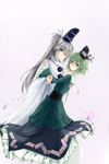  Tags: 2girls,dress,girl,green eyes,green hair,hat,hug (artist),long hair,mononobe no futo,petals,ponytail,short hair,silver eyes,silver hair,simple background,soga no tojiko,tall image,touhou,white