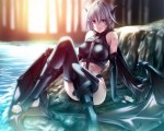  Score: 94 Tags: bare shoulders,bat wings,breasts,demon girl,elbow gloves,fingerless gloves,girl,horn (horns),light erotic,long nails,no shoes,rezi,silver hair,single,tattoo,thighhighs,water,wings