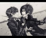  Score: 36 Tags: 2boys,armband,black hair,drawing,gloves,hibari kyouya,highres,katekyou hitman reborn,male,monochrome,profile,rokudo mukuro,short hair,signed,smile,tonfa,torinmo,trident,weapon