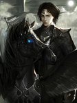  Tags: alle page (artist),animal,armor,bird (birds),black hair,black wings,cloud (clouds),flag,grey eyes,horse,looking at viewer,male,original,short hair,signed,single,spikes,tall image,tears,wings