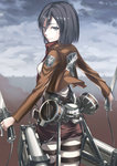  Tags: black eyes,black hair,cloudy sky,girl,hyp,jacket,looking back,mikasa ackerman,open jacket,scarf,shingeki no kyojin,short hair,single,sword,tall image,weapon