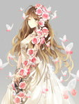  Score: 27 Tags: brown eyes,brown hair,butterfly,dress,flower (flowers),girl,hagiwara rin,insect,long hair,original,simple background,single,tall image,wink