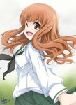  Tags: blush,brown eyes,brown hair,girl,girls und panzer,kem kem,long hair,looking at viewer,open mouth,school uniform,signed,single,smile,takebe saori,tall image,uniform,wink