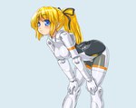  Score: 9 Tags: blonde hair,blush,bodysuit,busou shinki,girl,hair ribbon,long hair,mechagirl,ponytail,simple background,smile,solo