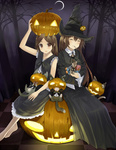  Tags: 2girls,animal,blush,brown eyes,brown hair,cat,dress,eyes closed,girls,halloween,hat,long hair,ochau,original,short hair,tall image,tree (trees),witch,witch hat