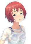  Score: 18 Tags: blue eyes,girl,original,red hair,risou,short hair,simple background,solo,tall image,transparency,t-shirt,wet clothes,wet t-shirt,white
