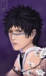  Score: 6 Tags: black hair,bleach,branch,cherry blossoms,face,hieroglyph,hisagi shuuhei,lips,male,portrait,purple eyes,realistic,scar,short hair,simple background,solo,tall image,tattoo,zetsuai89 (artist)