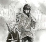  Score: 35 Tags: boy,forest,gintama,hijikata toshiro,katana,kimono,long hair,male,monochrome,ponytail,sakata gintoki,short hair,traditional clothes,tree (trees),weapon