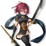  Score: 18 Tags: black thighhighs,girl,nel zelpher,purple eyes,red hair,scarf,short hair,simple background,solo,star ocean,sword,tattoo,weapon,white,yato (pondel)