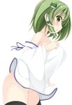  Tags: bare shoulders,black thighhighs,blush,chimunge,detached sleeves,girl,green eyes,green hair,hair ornament,kochiya sanae,light erotic,long hair,open mouth,profile,single,tall image,thighhighs,touhou,white