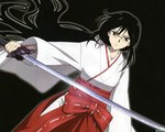  Tags: black,black eyes,black hair,blood c,girl,glasses,katana,kisaragi saya,long hair,looking at viewer,miko,simple background,single,traditional clothes,twintails