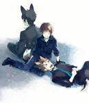  Score: 9 Tags: animal tail,black hair,blush,brown eyes,brown hair,dog ears,eyes closed,flower (flowers),gloves,highres,multiple boys,naz,necktie,open mouth,psycho-pass,shinya kougami,shirt,short hair,shuusei kagari,smile,suit,tall image,tiles,tsunemori akane