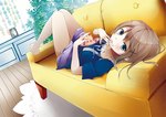  Score: 9 Tags: blue eyes,blush,brown hair,cake,couch,girl,looking at viewer,lying,original,plate,shinonome ren,short hair,single