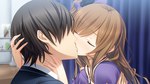  Tags: brown hair,couple,eyes closed,game cg,girl,haruhino misaki,hotch kiss,kiss,long hair,male,mikoto akemi (artist),wide image