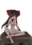  Score: 42 Tags: blush,breasts,brown hair,censored,dedeyong (artist),erect nipples,erotic,girl,hair bow,hakurei reimu,highres,long hair,looking at viewer,navel,pussy,red eyes,simple background,single,sitting,tall image,touhou,white