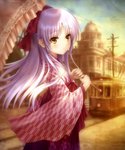  Tags: angel beats!,girl,goto p,hair ribbon,highres,long hair,looking at viewer,ribbon (ribbons),scan,single,tachibana kanade,tall image,traditional clothes,train,umbrella,white hair,yellow eyes