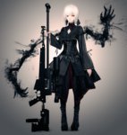  Tags: boots,dress,girl,grey,gun,looking at viewer,nagai gojitsudan no nechronica,red eyes,short hair,single,tall image,weapon,white hair,yuyu