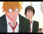  Score: 8 Tags: ahoge,akito takagi,bakuman,black hair,blonde hair,blue eyes,glasses,male,mashiro moritaka,necktie,school uniform,short hair,silvercore94,sunlight,window