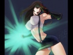  Tags: armpits,arms up,bare shoulders,black hair,breasts,brown eyes,commentary,crop top,earrings,elbow gloves,elbow pads,fighting stance,final fantasy,final fantasy vii,gloves,highres,impossible shirt,jayun,jewelry,large breasts,light erotic,long hair,looking away,midriff,miniskirt,navel,open mouth,panties,pantyshot,ponytail,skirt,solo,suspenders,tifa lockhart,wallpaper