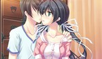  Tags: black hair,game cg,girl,green eyes,hair ribbon,long hair,male,tsukumonotsuki,twintails,wide image