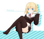  Score: 25 Tags: black thighhighs,blonde hair,blue eyes,crossed legs,girl,legs,orico (artist),original,school uniform,short hair,solo
