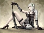  Score: 108 Tags: bandages,breasts,cleavage,elbow gloves,girl,green eyes,hair flower,kaine,light erotic,long hair,navel,nier,panties,senda (xianren),shoes,simple background,sitting,solo,sword,thighhighs,weapon,white hair