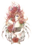  Score: 18 Tags: bare shoulders,blue eyes,bracelet,brown hair,dagger,egg,girl,hair flower,last c (artist),long hair,original,rose (roses),sad,simple background,single,tall image,white,wings