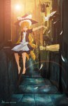  Score: 18 Tags: barefoot,bird (birds),blonde hair,blue eyes,bow,braid (braids),broom,feather (feathers),girl,highres,jk-xuan (artist),kirisame marisa,long hair,solo,street,sun,sunlight,touhou,witch,witch hat