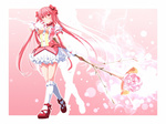  Score: 9 Tags: blush,bow,dress,flower (flowers),girl,hair bow,kaname madoka,mahou shoujo madoka magica,pink,pink hair,red eyes,solo,tsukumo,twintails,very long hair,white socks