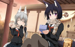  Score: 9 Tags: 2girls,animal ears,black hair,blush,eating,eyes closed,girls,grey hair,highres,long hair,open mouth,original,purple eyes,scarf,school uniform,shira-nyoro,short hair,sitting,skirt,uniform