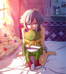  Score: 26 Tags: aquarion evol,barefoot,bed,blue hair,girl,pillow,purple eyes,short hair,solo,tall image,teralimit (artist),zessica wong