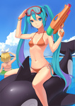 Score: 18 Tags: 2girls,aqua hair,bikini,blonde hair,blue eyes,bracelet,fkey (artist),goggles,hatsune miku,kagamine rin,midriff,navel,short hair,tall image,twintails,very long hair,vocaloid,water gun