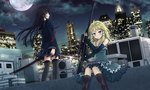  Tags: 2girls,asakurashinji,bare shoulders,black bullet,black hair,black thighhighs,blonde hair,blue eyes,blush,city lights,cloud (clouds),detached sleeves,dress,girls,gun,highres,katana,long hair,moon,sitting,sky,tendou kisara,thighhighs,tina sprout,weapon,wide image
