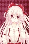  Tags: blush,bow,fringe,fujiwara no mokou,girl,glasses,hair bow,kai aki (artist),looking at viewer,open mouth,red,red eyes,rhombus,simple background,single,suspenders,tall image,touhou,white hair