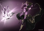  Score: 35 Tags: bracelet,breasts,cloak,crystal,dark skin,fingerless gloves,girl,highres,league of legends (game),leblanc (league of legends),light erotic,long hair,magic,navel,purple hair,solo,staff