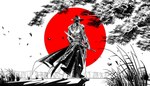  Score: 9 Tags: back,branch,cloak,cowboy hat,grass,highres,katana,leaf (leaves),male,monochrome,red steel 2,shadow,standing,sun,weapon,wide image