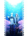  Tags: 2boys,aqua eyes,aqua hair,aquarium,brown hair,bubble (bubbles),coral,couple,fish,frame,headphones,holding hands,jacket,kotobuki reiji,lace,light smile,long hair,looking at viewer,looking up,male,mikaze ai,open jacket,pixiv 4439435,short hair,standing,tall image,uta no prince-sama,water,yellow eyes