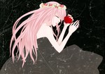  Score: 27 Tags:  absurdres black dress eyes_closed flower_(flowers) girl highres just_be_friends_(vocaloid) long_hair megurine_luka pink_hair rose_(roses) simple_background solo vocaloid wreath 