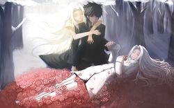  Score: 34 Tags: black hair,blackrabbitsoul,death,emiya kiritsugu,fate (series),fate/zero,flower (flowers),hollow,irisviel von einzbern,long hair,lying,male,on back,petals,rose (roses),sad,short hair,smoking,sunlight,white hair