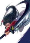  Score: 9 Tags: black hair,fingerless gloves,girl,gloves,glowing eye (eyes),highres,jumping,katana,long hair,original,red eyes,rino-y,sheath,solo,sword,tall image,weapon