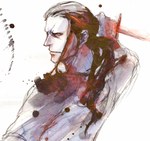  Score: 9 Tags: ben beckman,black eyes,black hair,knife,kusaco (artist),long hair,looking at viewer,looking back,male,one piece,ponytail,simple background,single,weapon,white