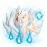  Score: 27 Tags: ahri (league of legends),animal ears,animal tail,bell,blonde hair,flame,fox ears,ghost,girl,highres,league of legends (game),long hair,multiple tails,orange eyes,simple background,single