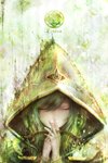  Tags: eyes closed,girl,green hair,highres,hood,libra (zodiac),long hair,single,tall image,zhang xiao bo,zodiac