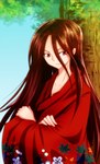  Score: 18 Tags: asakura hao,brown hair,crossed arms,hao-hime,kimono,long hair,male,red eyes,shaman king,single,sky,tall image,tree (trees)