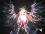  Tags: aa megami-sama,absurdres,angel wings,belldandy,blonde hair,dress,eyes closed,facial mark,fingerless gloves,girl,gloves,highres,ibara dance,long hair,signed,single,wings