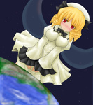  Tags: blonde hair,blush,bow,bowtie,colored eyelashes,dautsen (artist),dress,drill hair,earth,giant,girl,highres,luna child,red eyes,short hair,solo,space,tall image,touhou,wings