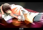  Score: 18 Tags: absurdres,bed,black hair,butler,highres,inscription,kuroshitsuji,looking away,lying,male,red eyes,sebastian michaelis,short hair,single